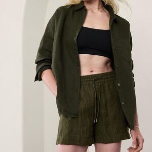 ATHLETA Retreat 100% Linen Mid Rise Shorts Olive Green Women’s Size XS